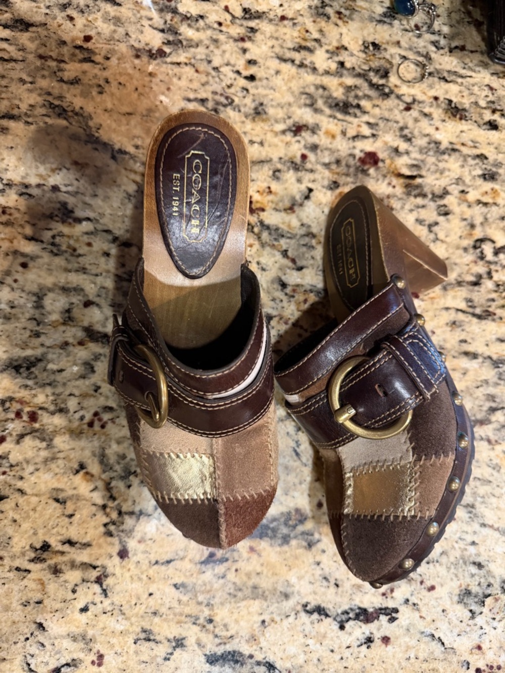 Coach Y2K Sebrina Chelsea Suede Brown Gold Platform Mules - Size 5 1/2